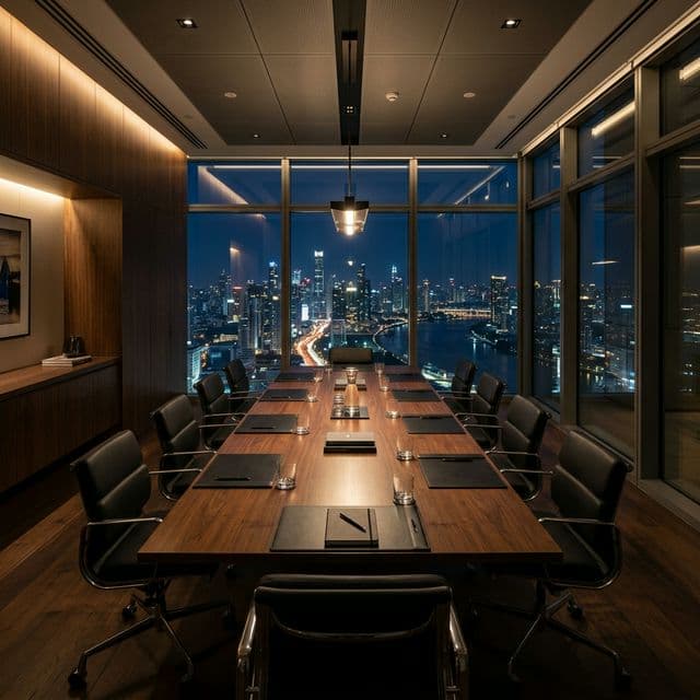 A cinematic shot of a luxurious corporate boardroom overlooking a city skyline at night.